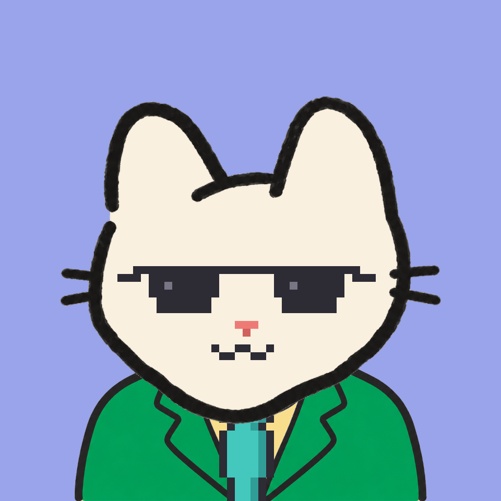 Employee #2367 — a cream cat, in a green suit, with a teal tie, wearing shades glasses, on periwinkle