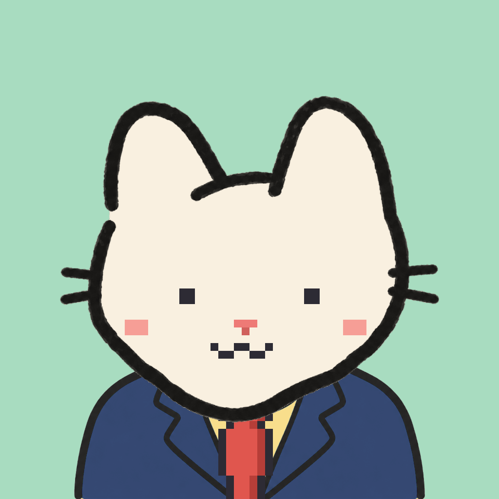 Employee #2368 — a cream cat, in a navy suit, with a red tie, on mint