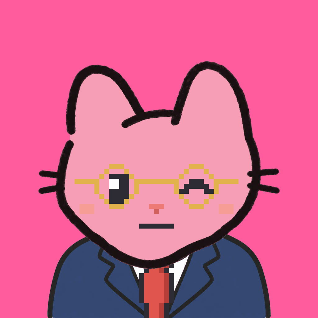 Employee #2369 — a pink cat, in a navy suit, with a red tie, wearing round-gold glasses, on hot pink
