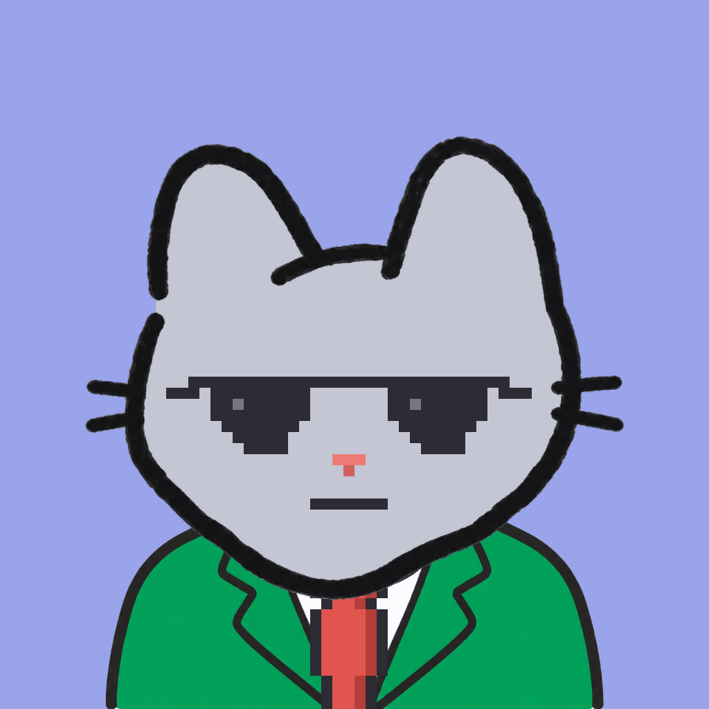 Employee #0237 — a gray cat, in a green suit, with a red tie, wearing shades glasses, on periwinkle