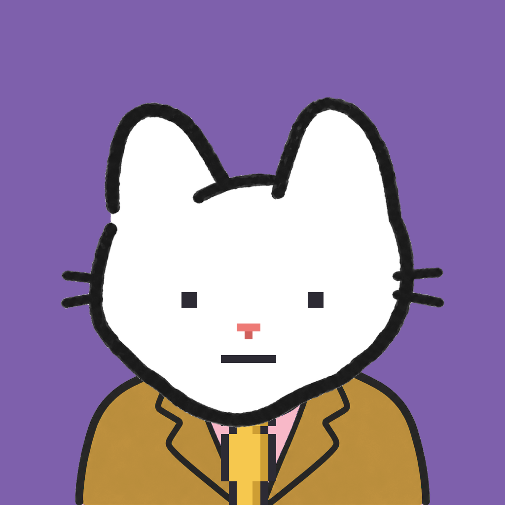 Employee #2370 — a white cat, in a mustard suit, with a gold tie, on plasma violet