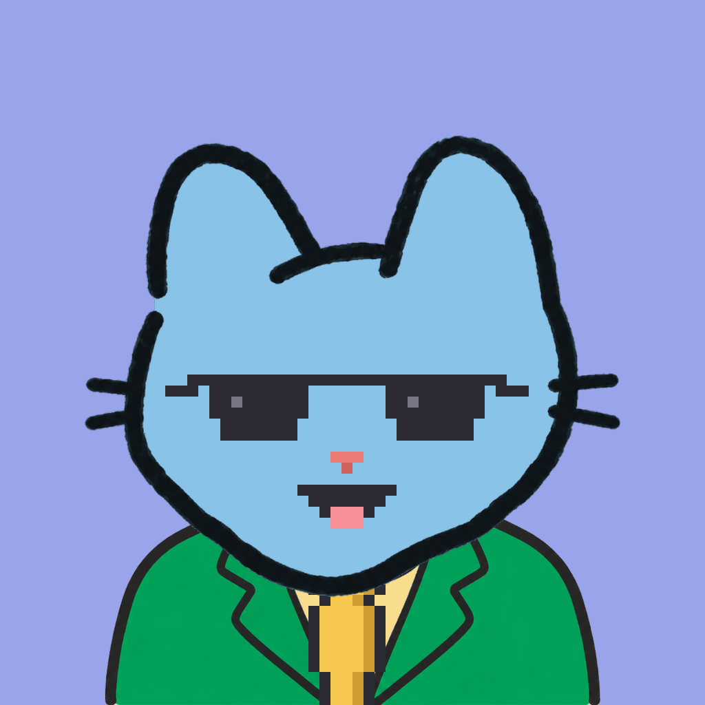 Employee #2371 — a sky cat, in a green suit, with a gold tie, wearing shades glasses, on periwinkle