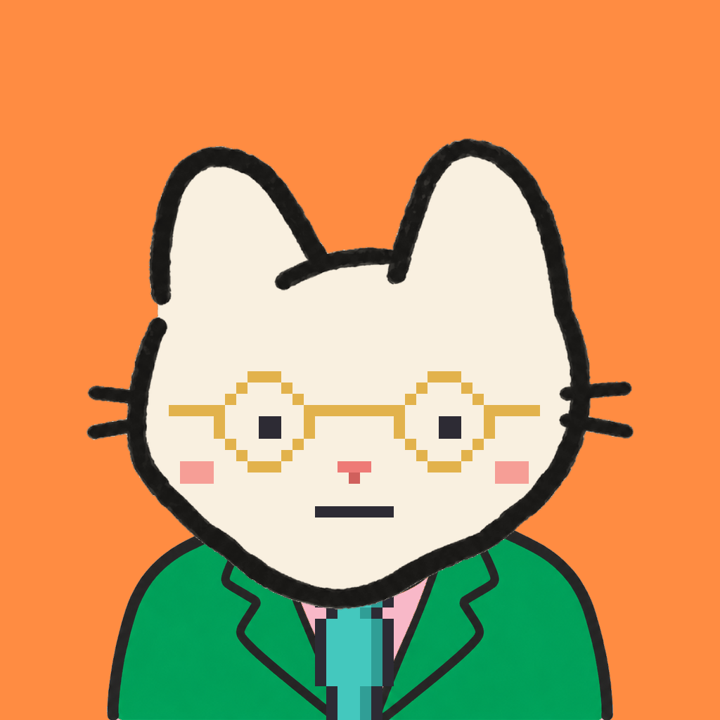 Employee #2372 — a cream cat, in a green suit, with a teal tie, wearing round-gold glasses, on tangerine