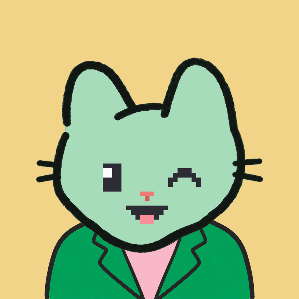 Employee #2373 — a mint cat, in a green suit, on butter