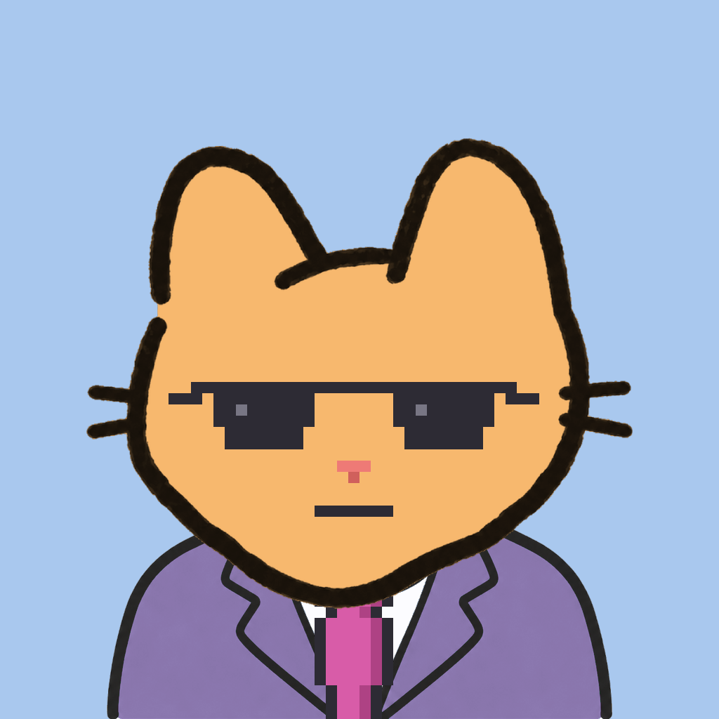 Employee #2374 — a tabby cat, in a lavender suit, with a magenta tie, wearing shades glasses, on sky