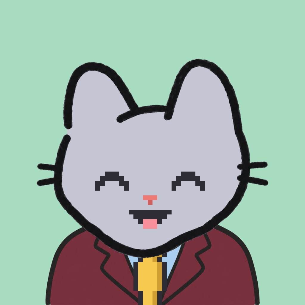 Employee #2375 — a gray cat, in a burgundy suit, with a gold tie, on mint