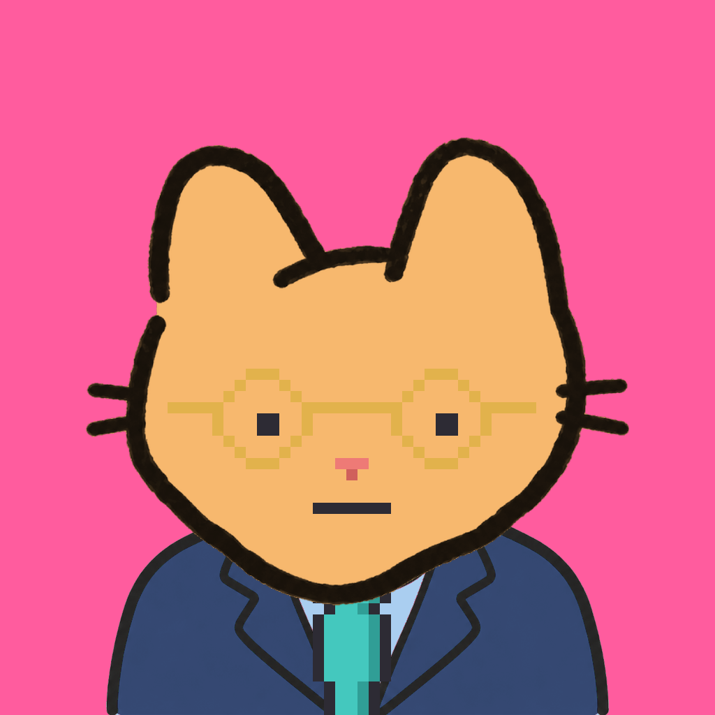 Employee #2376 — a tabby cat, in a navy suit, with a teal tie, wearing round-gold glasses, on hot pink