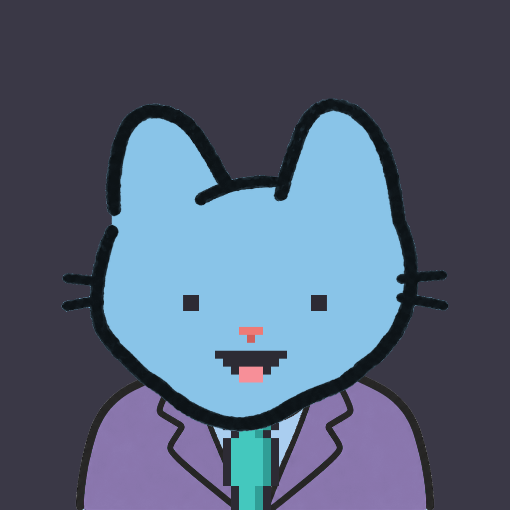 Employee #2377 — a sky cat, in a lavender suit, with a teal tie, on charcoal