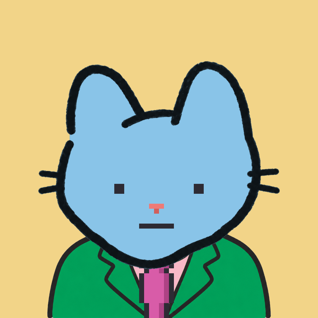 Employee #2378 — a sky cat, in a green suit, with a magenta tie, on butter