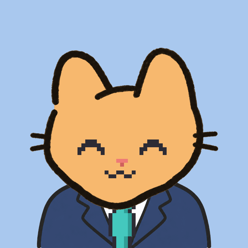 Employee #2379 — a tabby cat, in a navy suit, with a teal tie, on sky