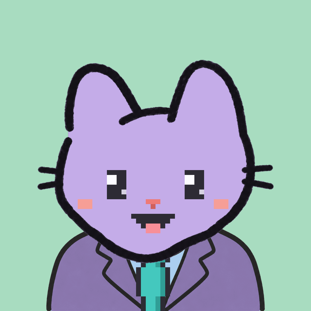 Employee #0238 — a lavender cat, in a lavender suit, with a teal tie, on mint