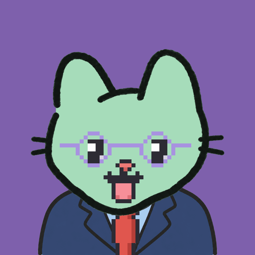 Employee #2380 — a mint cat, in a navy suit, with a red tie, wearing round-lavender glasses, on plasma violet