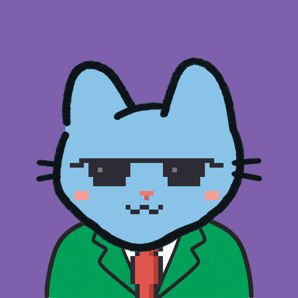 Employee #2382 — a sky cat, in a green suit, with a red tie, wearing shades glasses, on plasma violet