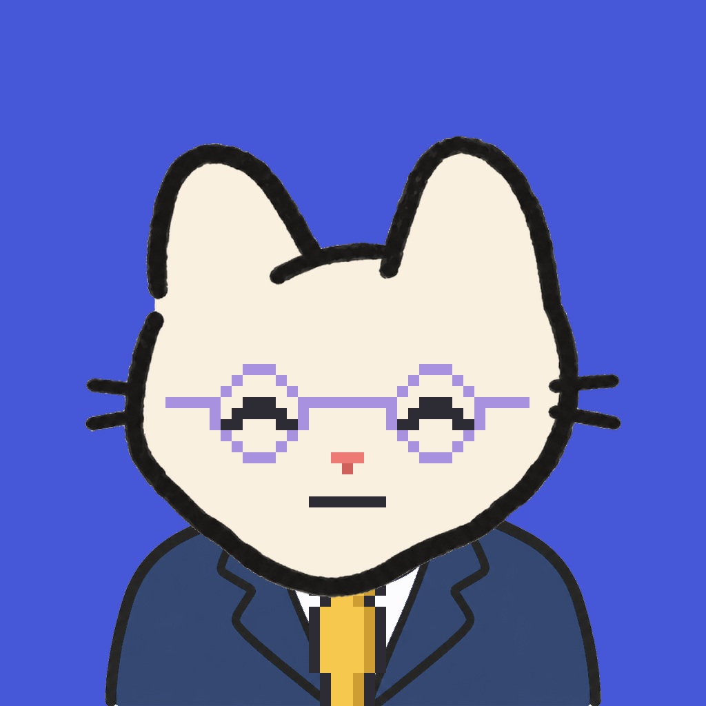 Employee #2383 — a cream cat, in a navy suit, with a gold tie, wearing round-lavender glasses, on royal
