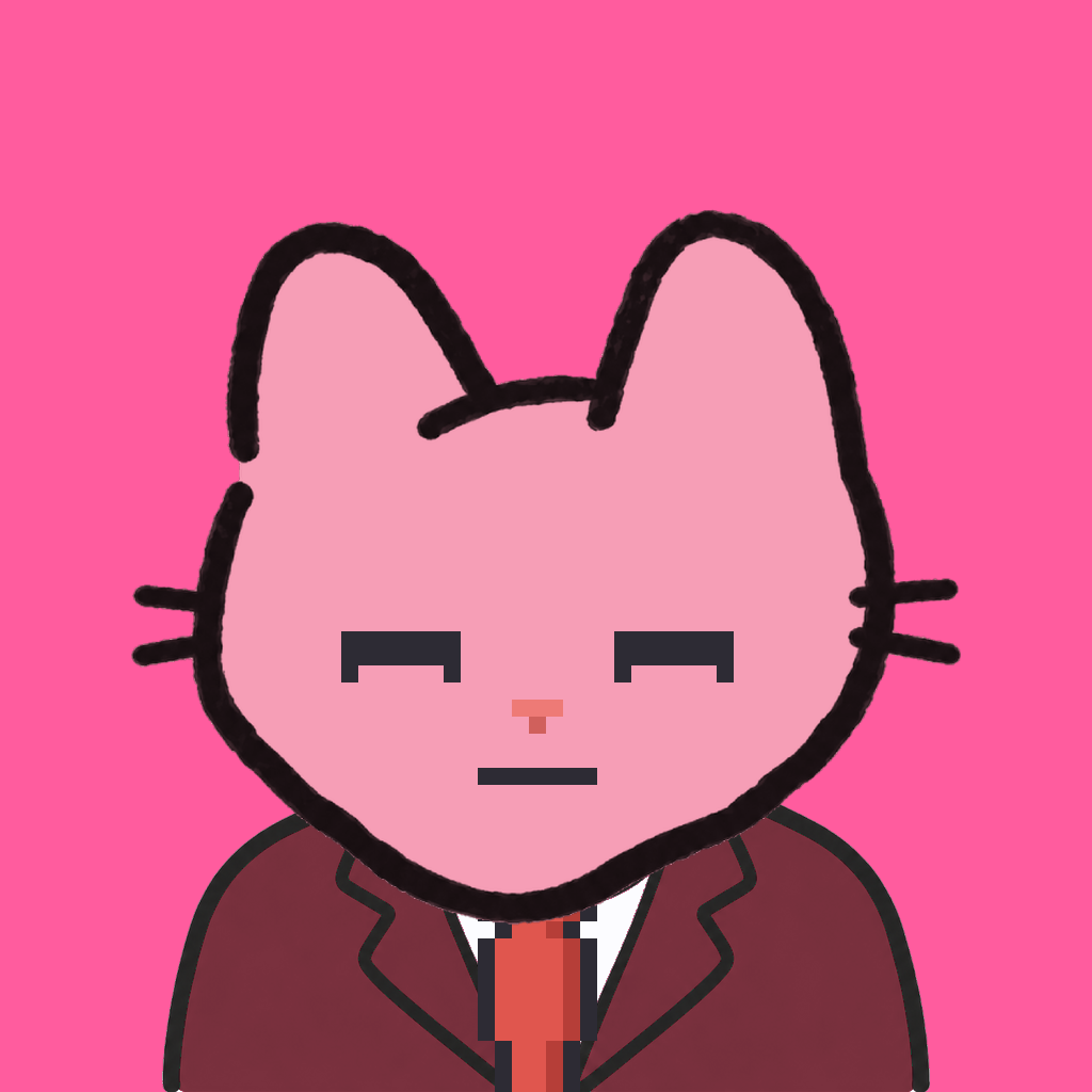 Employee #2384 — a pink cat, in a burgundy suit, with a red tie, on hot pink