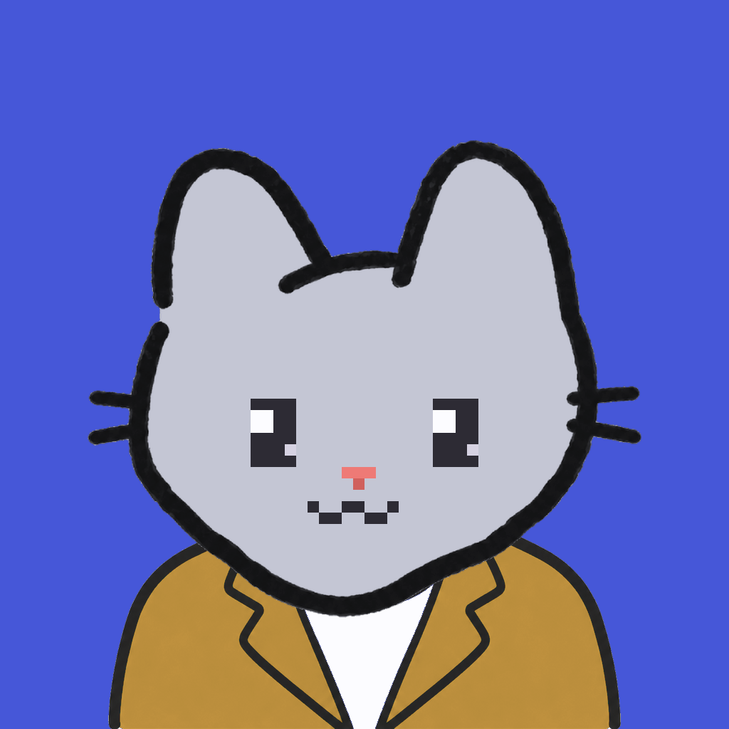 Employee #2385 — a gray cat, in a mustard suit, on royal