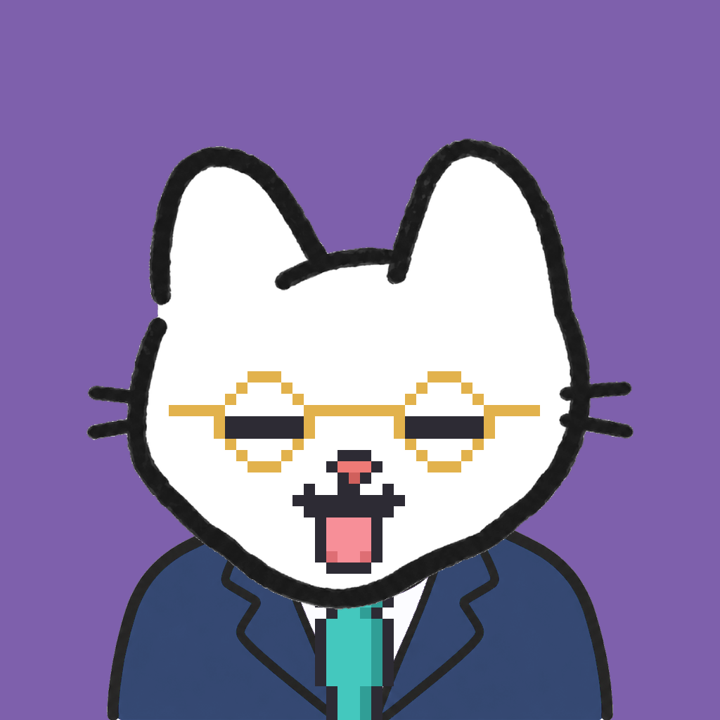 Employee #2386 — a white cat, in a navy suit, with a teal tie, wearing round-gold glasses, on plasma violet