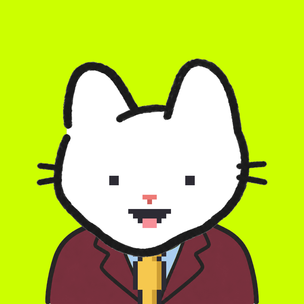 Employee #2387 — a white cat, in a burgundy suit, with a gold tie, on volt
