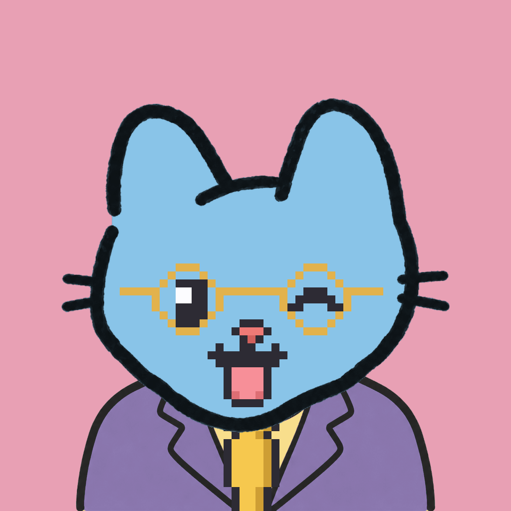 Employee #2388 — a sky cat, in a lavender suit, with a gold tie, wearing round-gold glasses, on rose