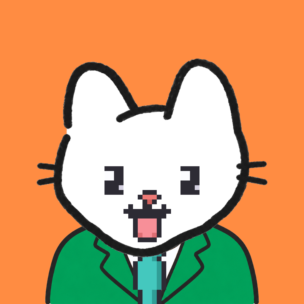 Employee #2389 — a white cat, in a green suit, with a teal tie, on tangerine