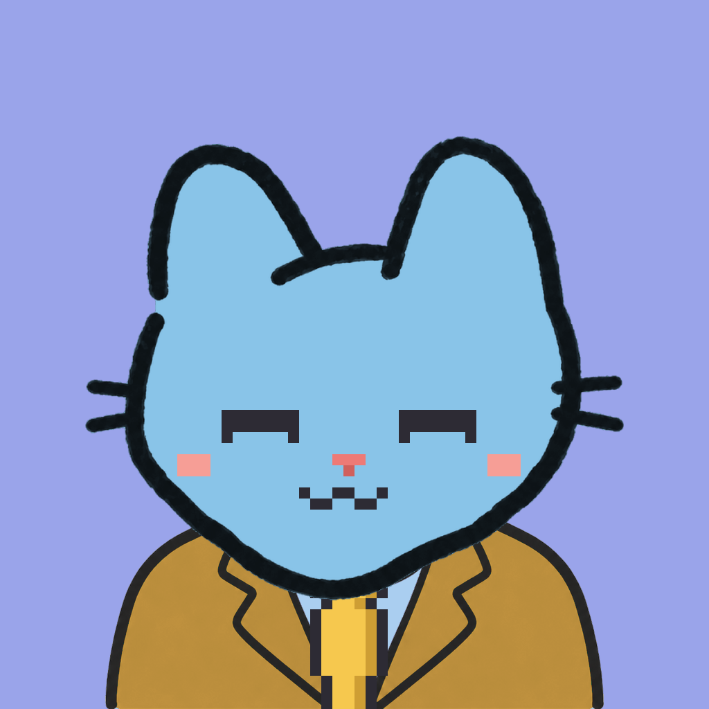 Employee #0239 — a sky cat, in a mustard suit, with a gold tie, on periwinkle