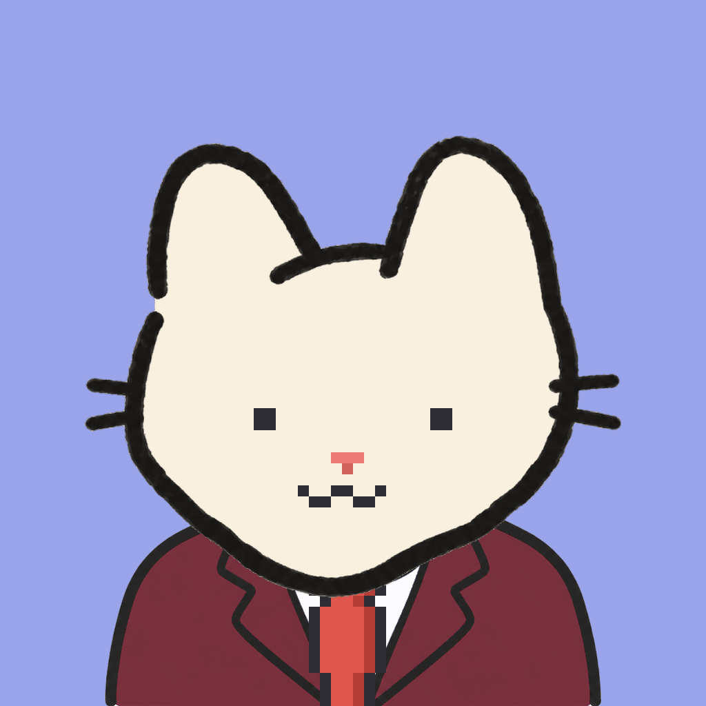 Employee #2390 — a cream cat, in a burgundy suit, with a red tie, on periwinkle
