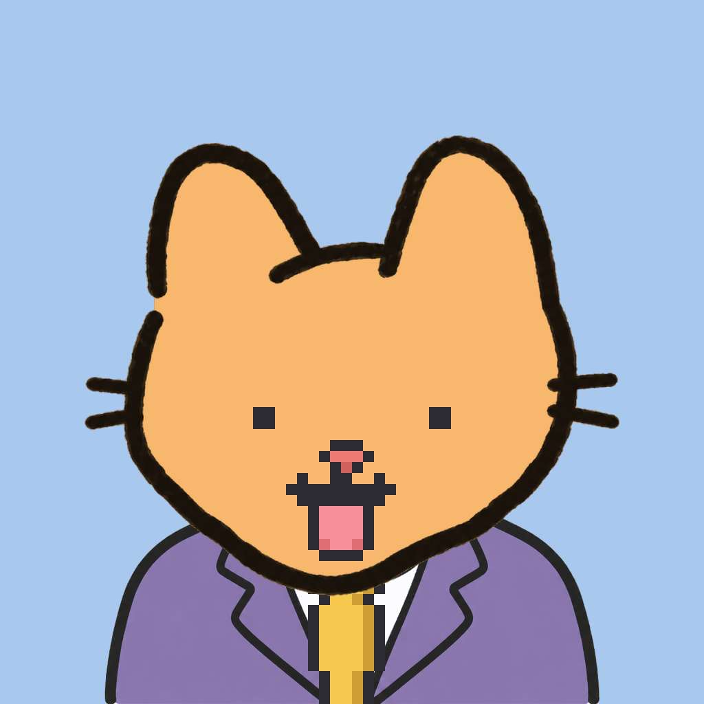 Employee #2391 — a tabby cat, in a lavender suit, with a gold tie, on sky