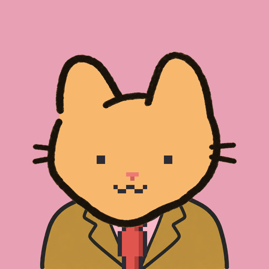Employee #2392 — a tabby cat, in a mustard suit, with a red tie, on rose