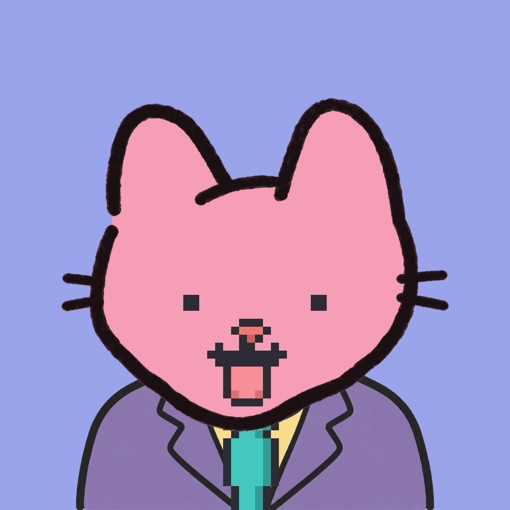 Employee #2393 — a pink cat, in a lavender suit, with a teal tie, on periwinkle