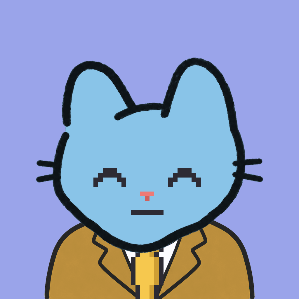 Employee #2394 — a sky cat, in a mustard suit, with a gold tie, on periwinkle
