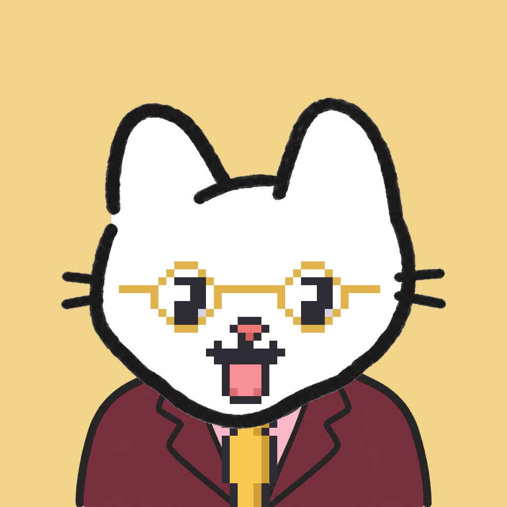 Employee #2395 — a white cat, in a burgundy suit, with a gold tie, wearing round-gold glasses, on butter
