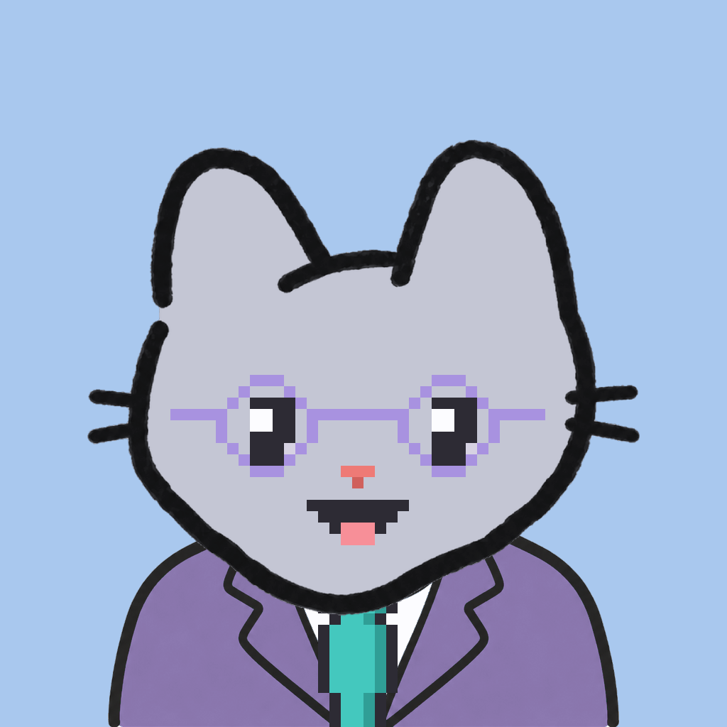 Employee #2396 — a gray cat, in a lavender suit, with a teal tie, wearing round-lavender glasses, on sky