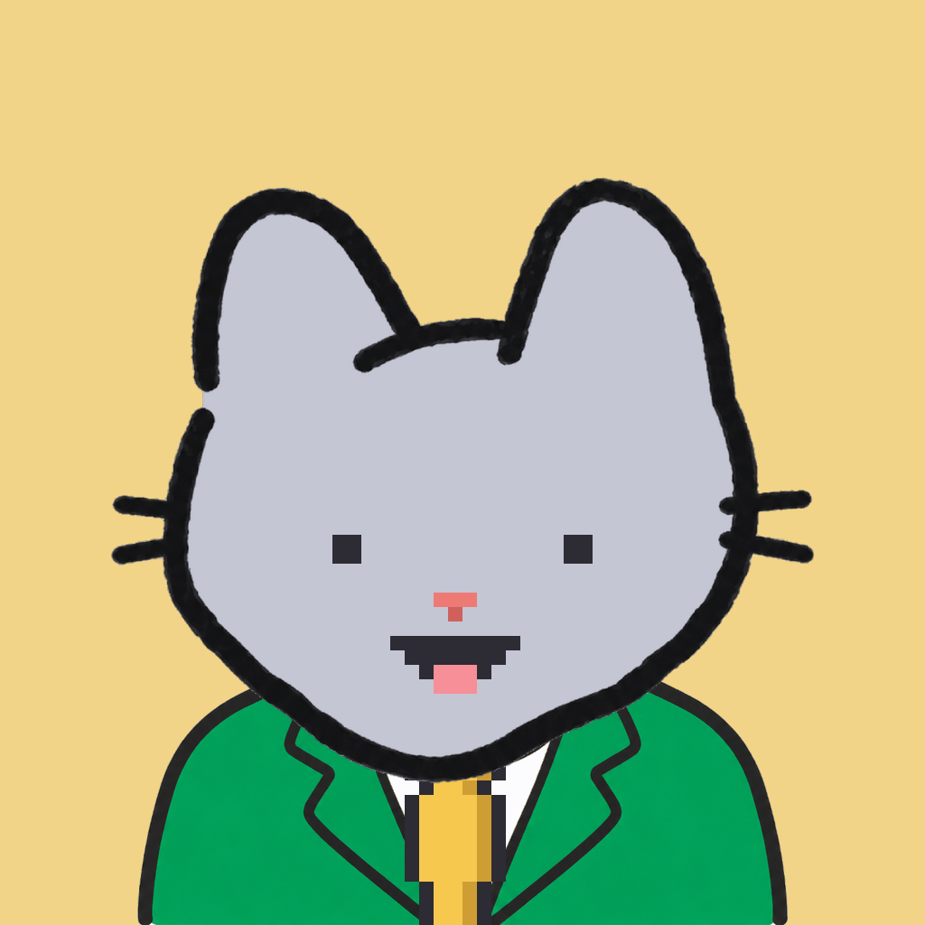 Employee #2397 — a gray cat, in a green suit, with a gold tie, on butter