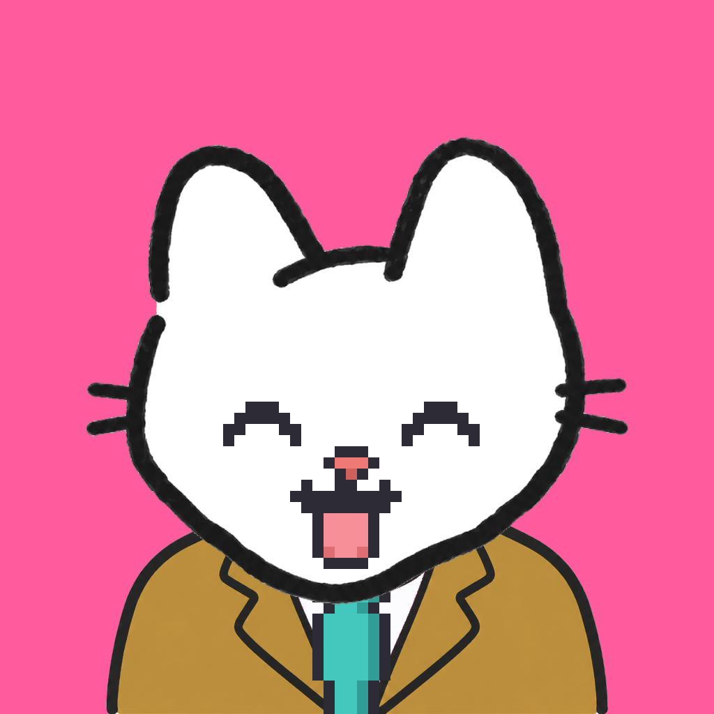 Employee #2398 — a white cat, in a mustard suit, with a teal tie, on hot pink