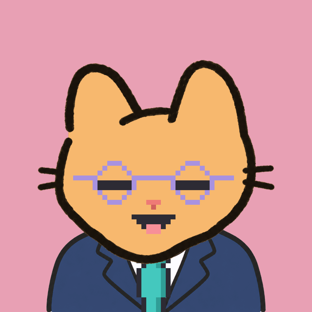 Employee #2399 — a tabby cat, in a navy suit, with a teal tie, wearing round-lavender glasses, on rose
