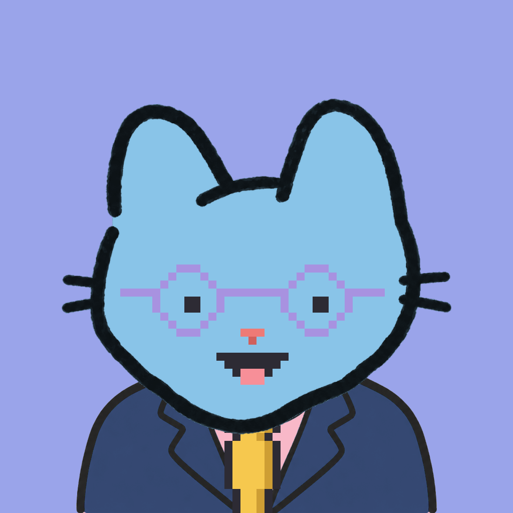 Employee #0024 — a sky cat, in a navy suit, with a gold tie, wearing round-lavender glasses, on periwinkle