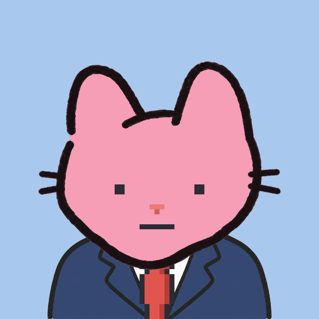 Employee #0240 — a pink cat, in a navy suit, with a red tie, on sky