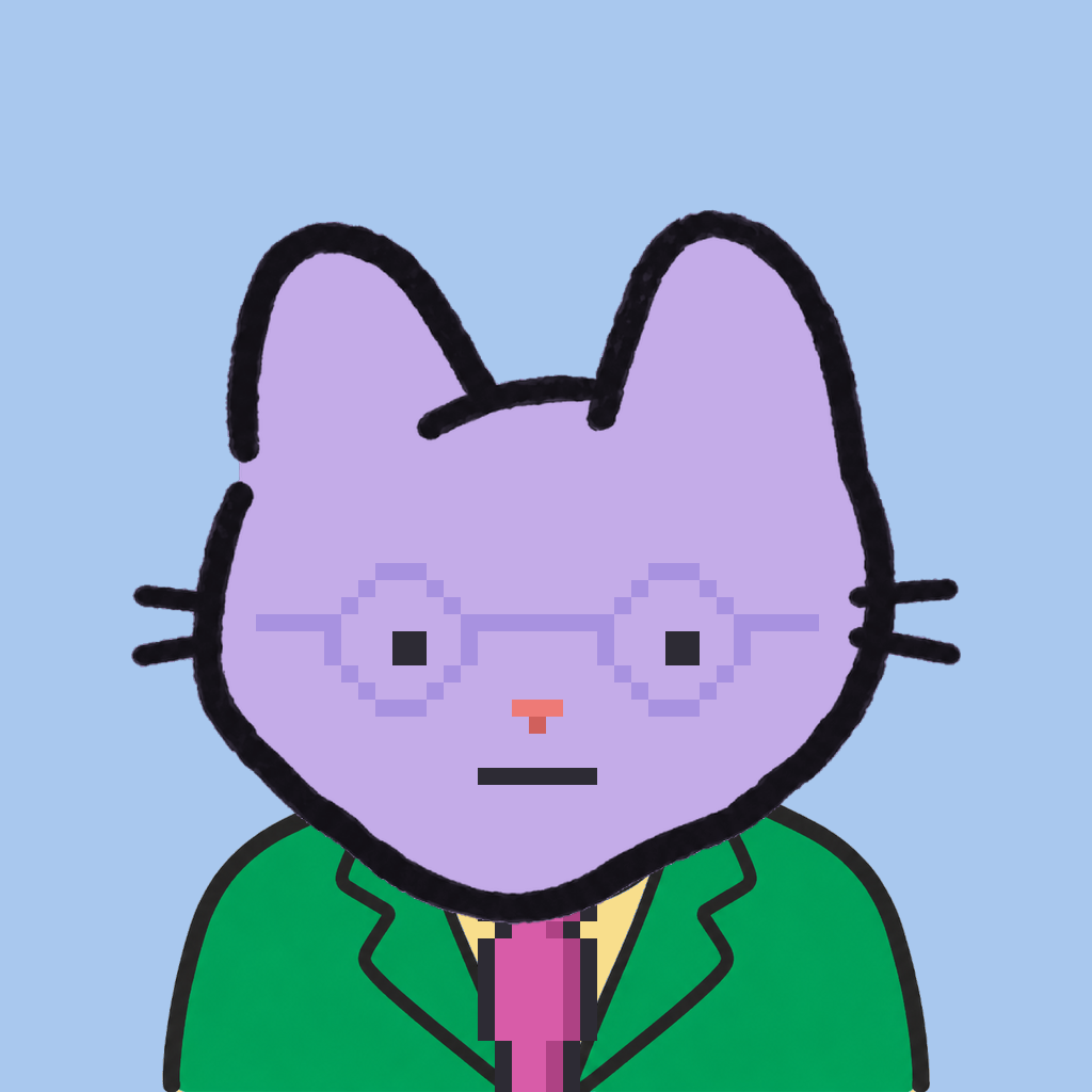 Employee #2400 — a lavender cat, in a green suit, with a magenta tie, wearing round-lavender glasses, on sky