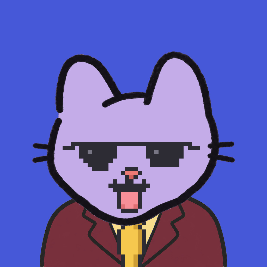 Employee #2402 — a lavender cat, in a burgundy suit, with a gold tie, wearing shades glasses, on royal