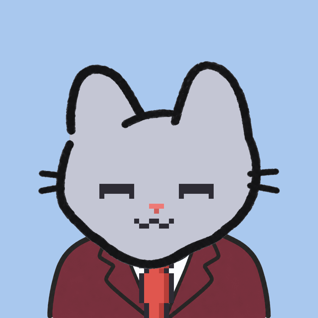 Employee #2403 — a gray cat, in a burgundy suit, with a red tie, on sky