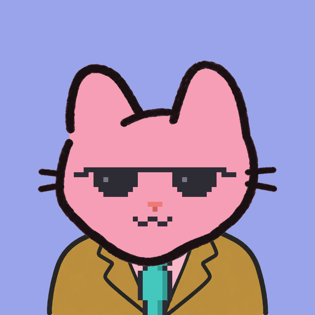 Employee #2404 — a pink cat, in a mustard suit, with a teal tie, wearing shades glasses, on periwinkle