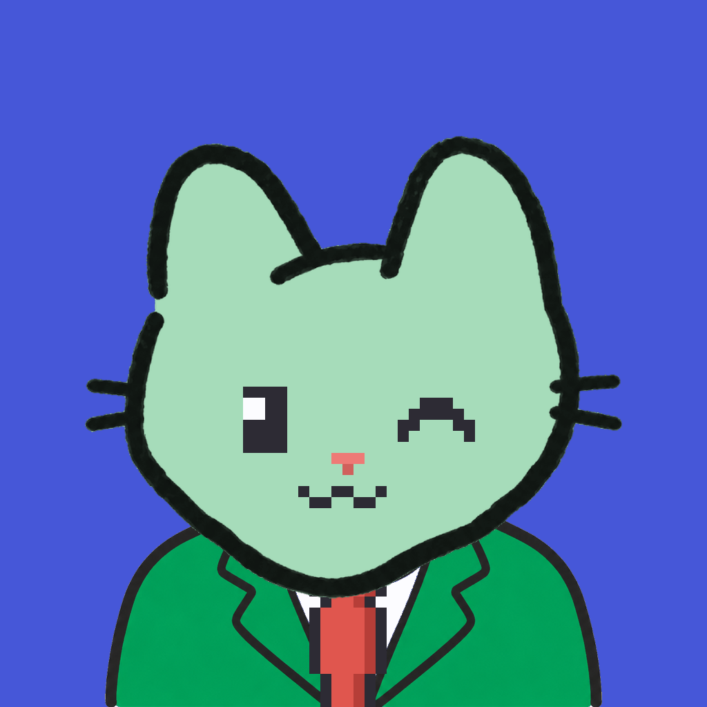 Employee #2405 — a mint cat, in a green suit, with a red tie, on royal