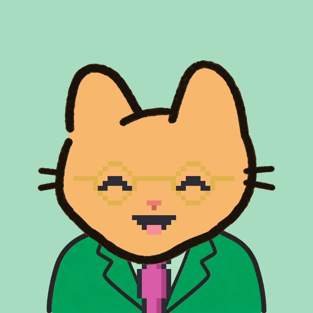 Employee #2406 — a tabby cat, in a green suit, with a magenta tie, wearing round-gold glasses, on mint