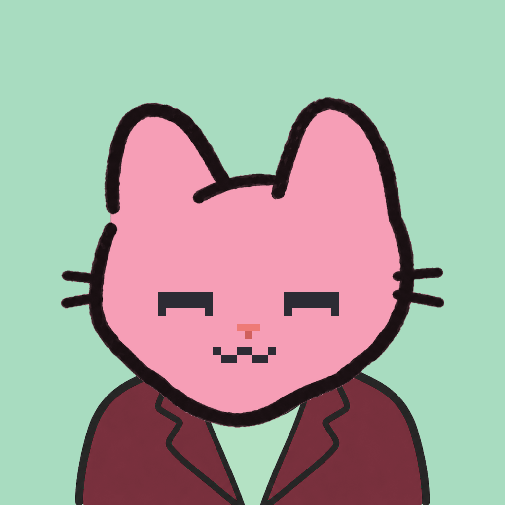 Employee #2407 — a pink cat, in a burgundy suit, on mint