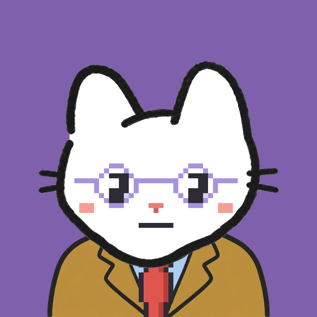 Employee #2408 — a white cat, in a mustard suit, with a red tie, wearing round-lavender glasses, on plasma violet
