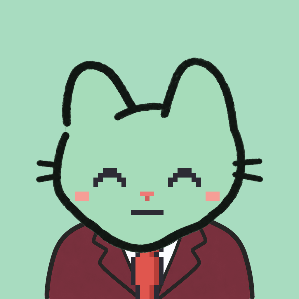 Employee #2409 — a mint cat, in a burgundy suit, with a red tie, on mint