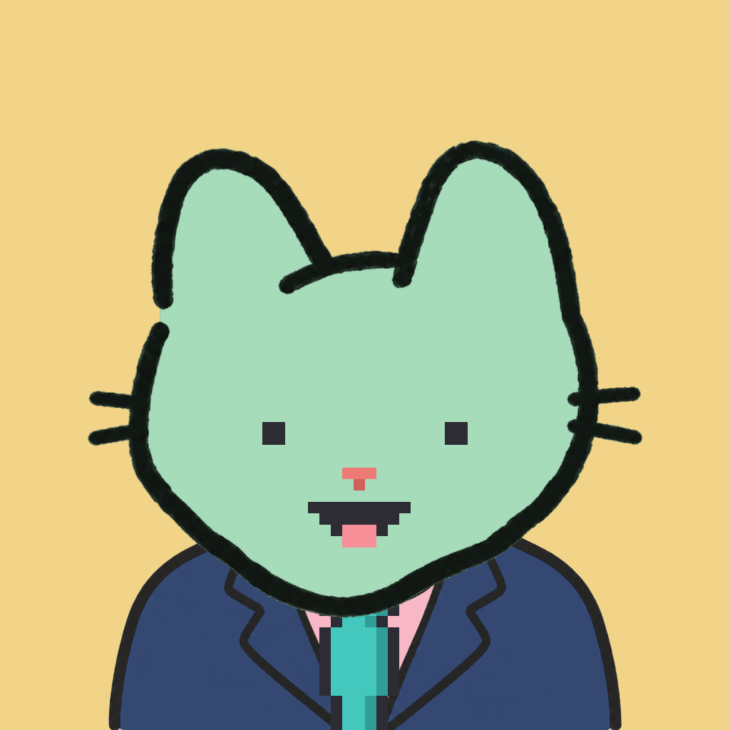 Employee #0241 — a mint cat, in a navy suit, with a teal tie, on butter