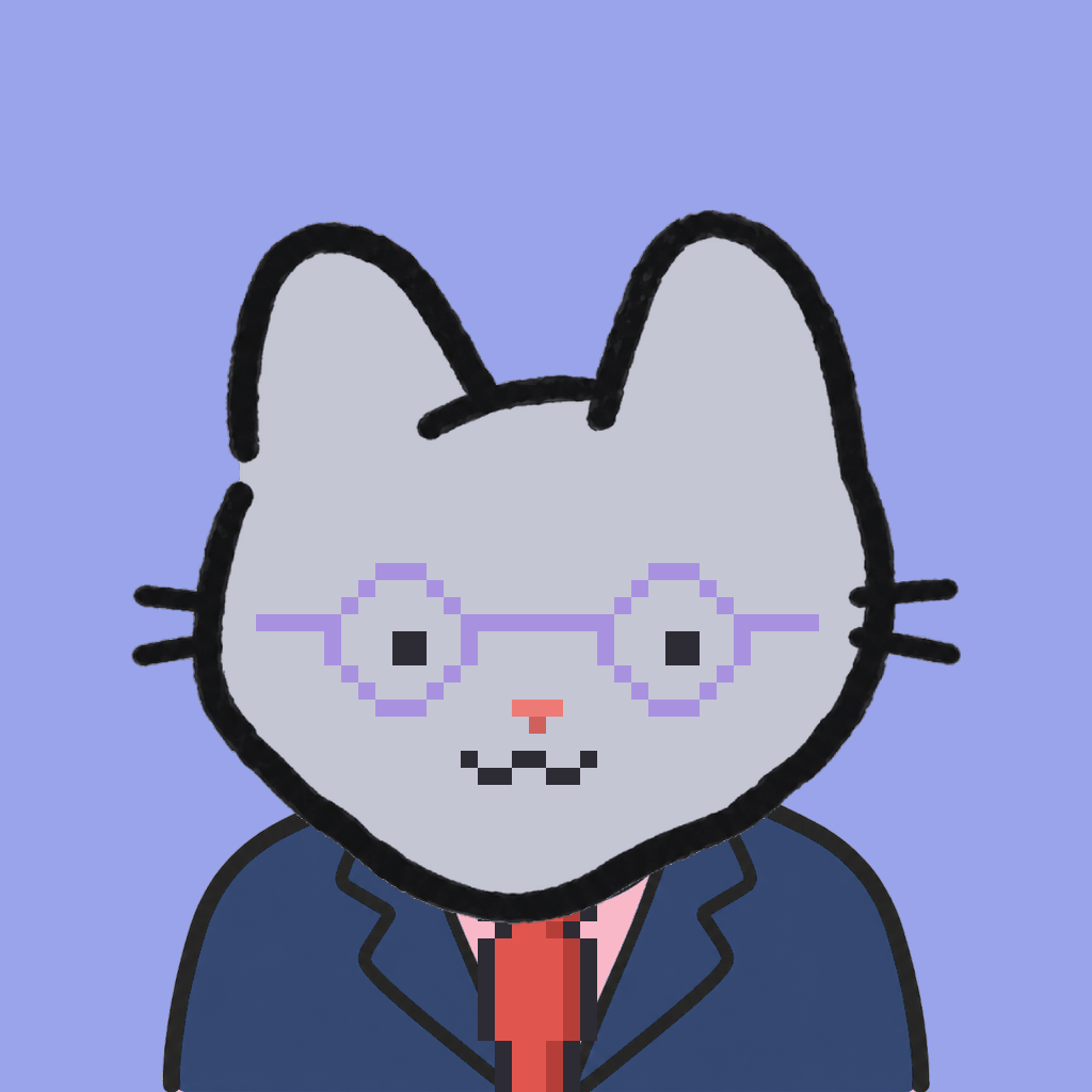 Employee #2410 — a gray cat, in a navy suit, with a red tie, wearing round-lavender glasses, on periwinkle