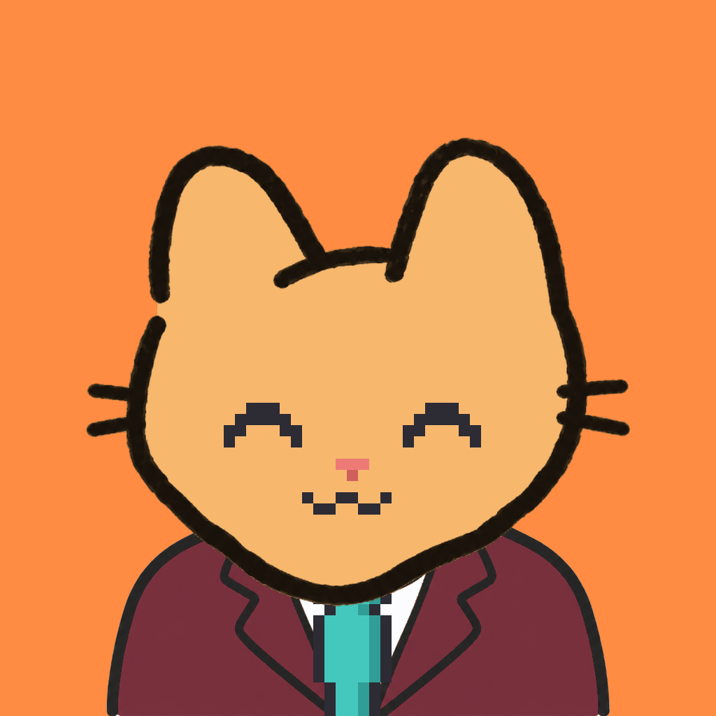 Employee #2411 — a tabby cat, in a burgundy suit, with a teal tie, on tangerine