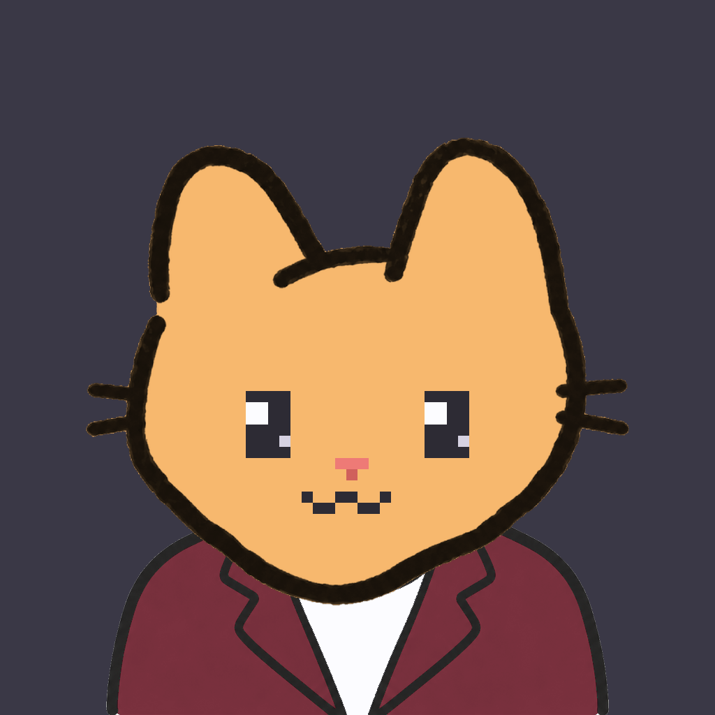 Employee #2413 — a tabby cat, in a burgundy suit, on charcoal